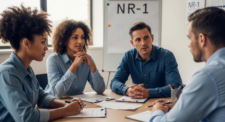 Reunião entre profissionais de RH, liderança e segurança do trabalho sobre gestão de colaboradores e prevenção de riscos psicossociais.