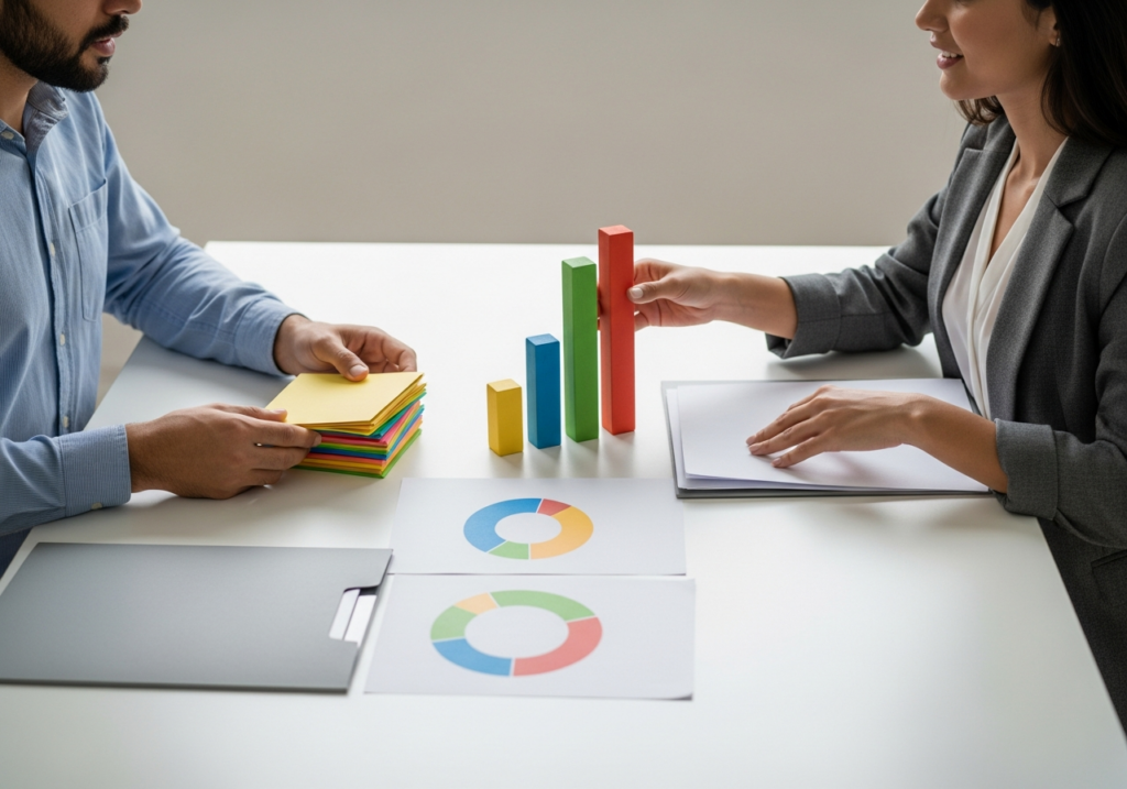 Profissionais de RH analisando indicadores abstratos de gestão de colaboradores em uma mesa de trabalho.