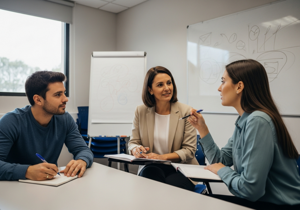 Treinamento de liderança com profissionais conversando sobre comunicação, feedback e gestão de conflitos.