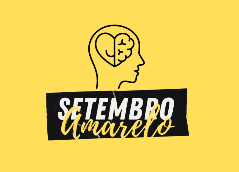 Arte em amarelo com ilustração de cabeça e coração e a mensagem Setembro Amarelo.