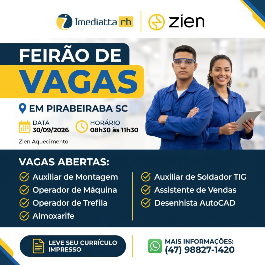 Feirão de vagas da Imediatta RH e Zien em Pirabeiraba, em 30/09/2026, das 08h30 às 11h30. Leve seu currículo impresso.